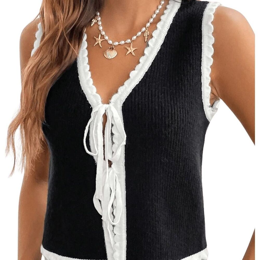 Trendy Tie Front Sweater Vest Cropped Knit Boho Chic Layering Top Black White
